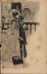 Two Women Walking Inside Church, One Holding Book Artist Signed Postcard Postcard