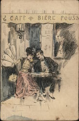 French Couple at the Cafe, Art Nouveau Couples Postcard Postcard