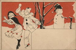 Pierrot Couple Dressed as Clowns Playing in Snow Postcard