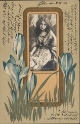 Long Haired Woman, Flowers, Embossed Postcard