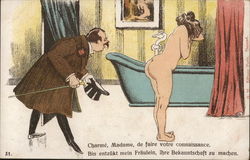 Man Looking at Naked Woman, Bathtub Risque & Nude Postcard Postcard