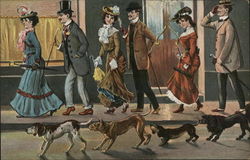 Couples Walking Watching Dogs in a Row Postcard Postcard