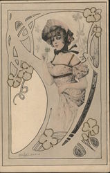 Woman, Clovers Art Nouveau Postcard Postcard