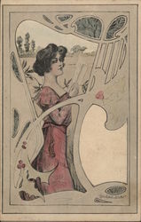 Woman Reading Paper Art Nouveau Postcard Postcard