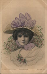 Woman in Hat With Purple Ribbon Art Nouveau Postcard Postcard