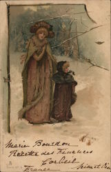 A Woman and Child Walking Through the Snow Women Postcard Postcard