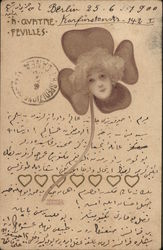 Woman's Face Upon Four-Leaf Clover, Hearts Turkish Raphael Kirchner Postcard Postcard