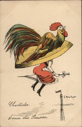 Chantecler Woman Flying on Umbrella with Large Rooster Hat Postcard