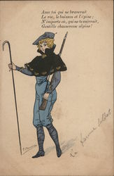 La Femme Soldat - Woman with Walking Stick and Rifle on Mountain Military Postcard Postcard