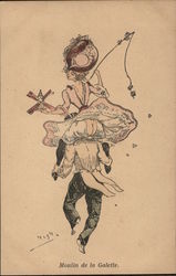 French Dancer on Man's Shoulders Artist Signed Postcard Postcard