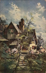 Woman Standing Near House and Flowers Postcard