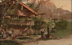 People Standing In Front of Lodge, Mountains in Background Postcard