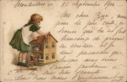 Young Girl Cleaning Dollhouse Postcard