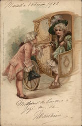 Boy Helping Girl Out of Carriage Children Postcard Postcard