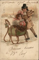 Boy Skating While Pushing Girl in Sled Children Postcard Postcard