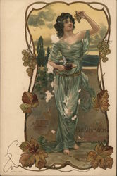 Woman eating grapes in Art Nouveau Style Postcard