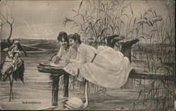 Girls Near the Water on Pier, Baby on Stork Postcard Postcard