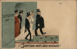 German: Wedding Couple Leaving Building (Unhappy Groom) Postcard