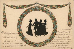 Silhouette of Four People Dancing in Round Colorful Frame Silhouettes Postcard Postcard