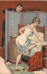 Man Spying On Woman Climbing Into Bed Postcard