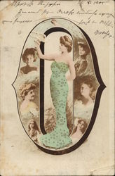 Letter O - Woman Wearing Green Dress in Oval Frame Holding Bird Postcard