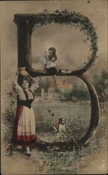 Woman with Jug on Head Near Large "B", and children Postcard