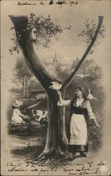 Woman with Birds Beneath a Tree Near Town Alphabet Letters Postcard Postcard