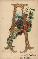 Gold Letter "A" Adorned by Red Flowers on Vine Postcard