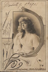 Art Nouveau Pretty Woman with Long Hair wearing White Dress Postcard