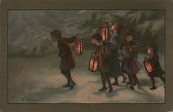 Group of Children Walking with Lanterns Postcard