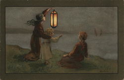 Children Holding Light at Water's Edge Caricatures Postcard Postcard