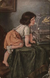 Girl Looking at Bird in Cage Postcard