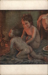 Nude Children Sitting Near the Fireplace Postcard Postcard