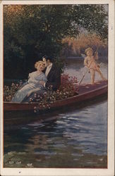 Cupid Rowing Romantic Couple on the Water Postcard