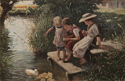 Children Feeding Ducks Art Postcard Postcard