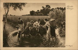 Family Crossing Water in Wagon Art Postcard Postcard