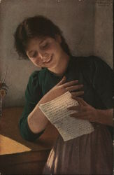 Young Girl Smiling While Reading Women Postcard Postcard