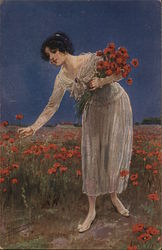 Pretty Woman Picking Flowers "Roter Mohn" Women Postcard Postcard