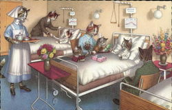 Illustration of cats in a hospital room dressed as humans. Postcard