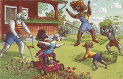 Dogs doing yardwork. Postcard