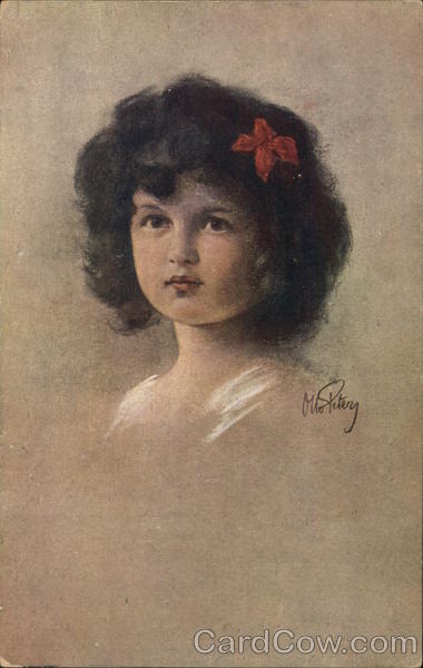 Girl with Short Dark Hair and Red Bow Children