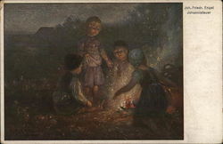 Four Children Around a Fire Outside at Night Postcard Postcard