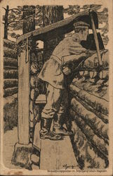 Soldier with Gun Against Wall Made of Logs Postcard