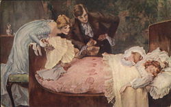 Man and Woman Regarding Two Children Sleeping in Bed Postcard