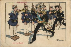 French Officers Marching Past Troops, Bugler Blaring Military Postcard Postcard