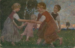 Children with Flowers in their Hair Playing on Grass Postcard