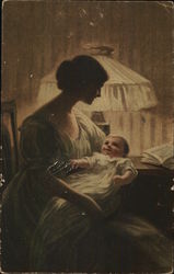 Woman Holding Baby Near Large Lamp Postcard