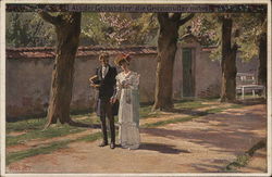 Man and Woman on Street Holding Hands Near Trees Art Postcard Postcard