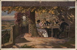 Men and Women Seated at Table, Dining Outdoors Near Tree Art Postcard Postcard