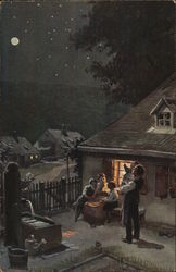 Man and Woman Interacting with Children Outdoors at Night Art Postcard Postcard